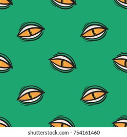 Wild animal reptile eye seamless pattern in green and orange. Creepy alien-like drawing. Fantastic halloween concept. Decorative vector background for print, textile, or web use.