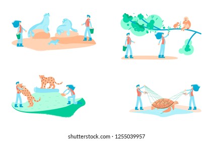 Wild animal rescue concept. Male and female rescuers feed, treat rare animals. Volunteers on action against deforestation. Vector illustration eps 10