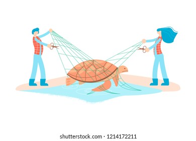 Wild animal rescue concept. Rescuers the turtle from the nets. Vector illustration eps 10