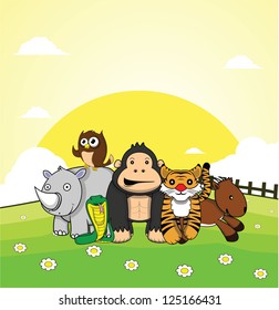 wild animal rhino, gorilla, tiger, antelope, snake, owl with grass land background