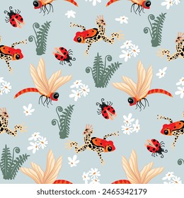 Wild animal seamless pattern with cartoon frog,dragonfly and ladybug.Floral background with fern, chamomile.Colorfull print on fabric and paper.Vector design for nursery wall decor,wallpaper,cover.