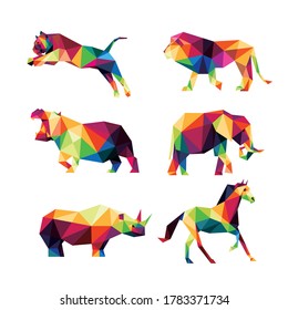 Wild Animal Set in Colorful Polygonal low poly. Colorful abstract Icon Vector. tiger lion elephant hippopotamus rhinoceros horse in colorful low poly