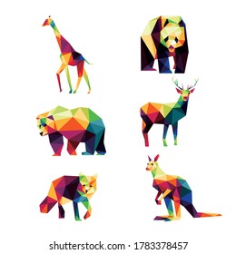 Animales salvajes ambientados en colorido pozo poligonal bajo. Vector de iconos colorido y abstracto. giraffe panda oso zorro venado canguro en colorido pozo bajo