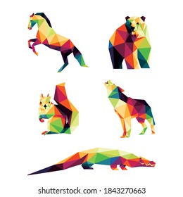 Wild Animal Set in Colorful Polygonal low poly. Colorful abstract Icon Vector. bear wolf squirrel crocodile horse in colorful low poly