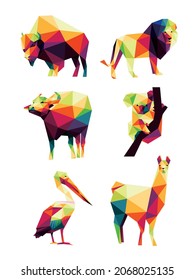 Wild Animal Set in Colorful Polygonal. Colorful abstract Icon Vector. Bison lion buffalo koala llama pelican in colorful low poly