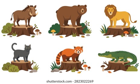 Wild animal set featuring boar bear lion cat red panda and crocodile on wooden stumps with mushrooms leaves and bushes in forest environment style.