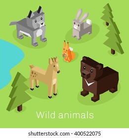 Wild animal set isometric 3d design. Wild animals isolated, bear isometric, zoo collection wild animal, rabbit nature, wildlife flat animal set icon forest vector illustration