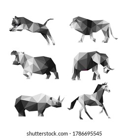 Wild Animal Set in Monochrome Polygonal low poly. Grayscale abstract Icon Vector. tiger lion elephant hippopotamus rhinoceros horse in Monochrome low poly