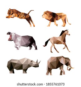 Animales salvajes ambientados en polos poligonales bajos. vector abstracto. tigre león elefante hippopotamus rhinoceros caballo en polígono bajo