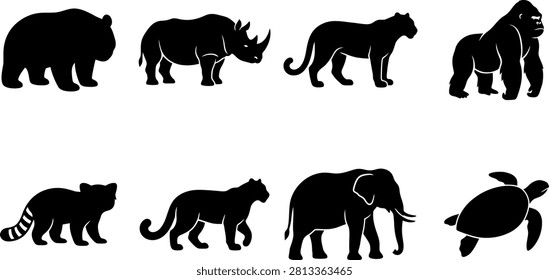 Wild Animal Silhouette Collection Featuring Bear Rhino Panther Gorilla Elephant Turtle and Exotic Wildlife Vector Set