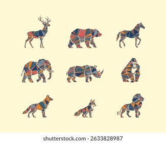 Wild animal silhouette set with colorful geometric polygon patterns. Perfect for logos, posters, t-shirts, and nature or ethnic-themed designs.