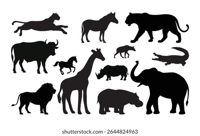 Wild animal silhouette set , safari animal collection . African animals group vector silhouette illustration isolated on white background. Elephant, giraffe, alligator, lion, Cheetah, Hippo etc.