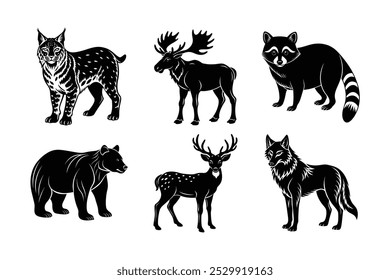 Wild Animal Silhouette Vector Set - Bobcat, Moose, Raccoon, Black Bear, Deer, Wolf