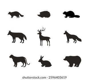 Wild animal silhouettes in black, including raccoon, hedgehog, beaver, wolf, tiger, fox, deer, hare, and bear. Minimalistic woodland wildlife icons. Cartoon vector illustrations set isolated