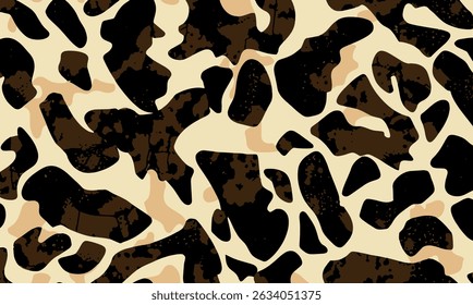 Wild animal skin camouflage patchwork wallpaper abstract vector seamless pattern. Artistic chiq seamless repeating animal skin, black, brown, beige, and white, trendy seamless pattern for background.