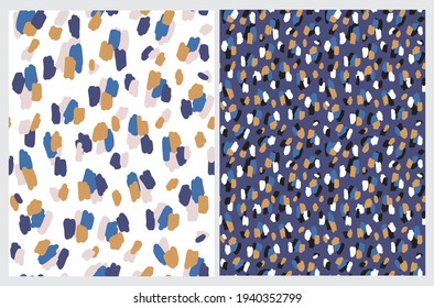 Wild Animal Skin Seamless Vector Patterns. Leopard Skin Print. Brown and Blue Irregular Spots on a Dark Blue and White Background. Wild Cat Fur Design. Safari Party Print.