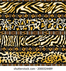 Wild animal skins patchwork with African tribal motifs abstract vector seamless pattern