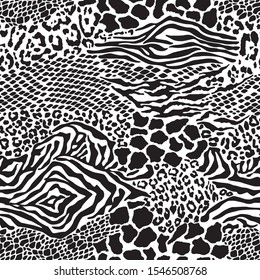 Wild animal skins patchwork wallpaper black and white fur abstract vector seamless pattern
