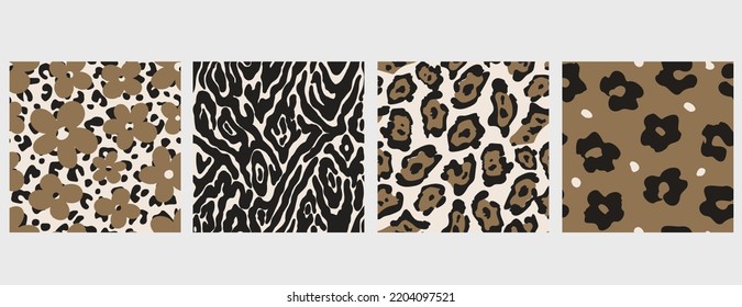 Wild Animal Skins Seamless Pattern Set With Jaguar Fur, Tiger Skin Texture And Abstract Leopard Print. Hand Drawn.