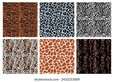 Wild animal skins seamless patterns. Exotic fur colors. Natural leather with spots, stripes and scales. Reptiles and mammals. Tiger print. Zebra and leopard backgrounds