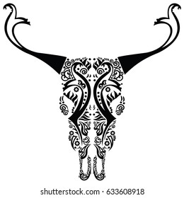 Wild animal skull in black and white with swirly and floral elements inspired by hand drawn art and  native American people  tattoos and art 
