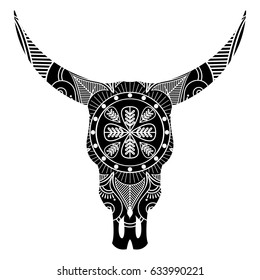 Wild animal skull in black and white  inspired by hand drawn art and native American people tattoos and art with manadala decoration on the top 
