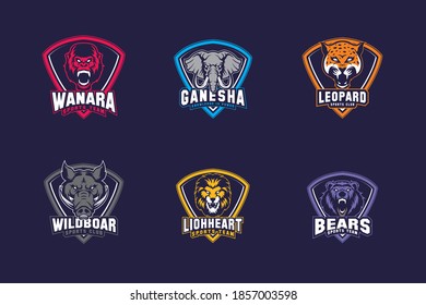 pantalla de icono de mascota de deportes animales salvajes con conjunto de iconos vectoriales de expresión agresiva