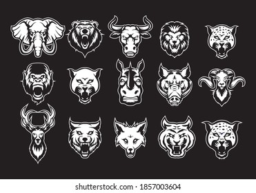 wild animal sports mascot icon with aggressive expression black and white vector icon set