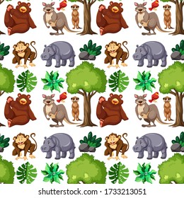 Wild animal and tree seamless pattern illustration