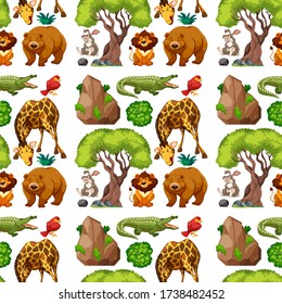 Wild animal and tree seamless pattern illustration