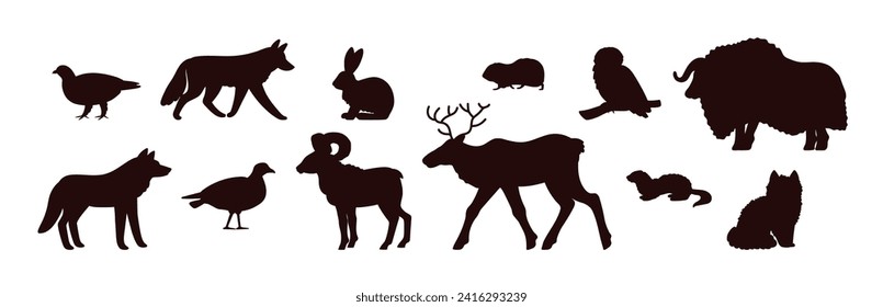 Wild animal of the tundra and taiga fauna vector illustrations set. Muskox, Wolf, Ermine, Hare, Reindeer, Polar owl black silhouette. Arctic hairy animals and birds, Northern horned ungulate mammals