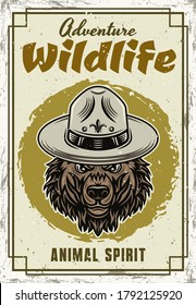 Wildtier-Vektor-Dekorationsplakat mit Grizzly Bären Kopf im Vintage-Stil. Illustration mit Muster-Text und farbigen Texturen auf separaten Schichten