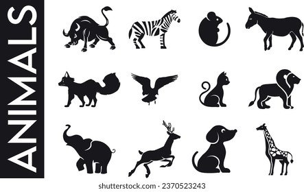 Wild animal Vector design, animals cute cartoon characters isolated on white background. Black animal icon vector illustration in flat style. Animals logos collection. Animal logo set. Geometrical abs