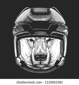 Wild animal wearing hockey helmet. Print for t-shirt design.