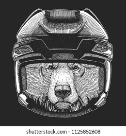 Wild animal wearing hockey helmet. Print for t-shirt design.