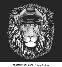 Wild animal wearing hockey helmet. Print for t-shirt design.