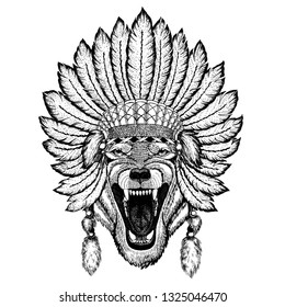 Wild animal wearing inidan headdress with feathers. Boho chic style illustration for tattoo, emblem, badge, logo, patch. Children clothing.