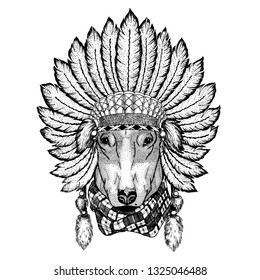 Wild animal wearing inidan headdress with feathers. Boho chic style illustration for tattoo, emblem, badge, logo, patch. Children clothing.