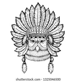 Wild animal wearing inidan headdress with feathers. Boho chic style illustration for tattoo, emblem, badge, logo, patch. Children clothing.