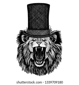 Wild animal wearing top hat, cylinder. Hipster lion