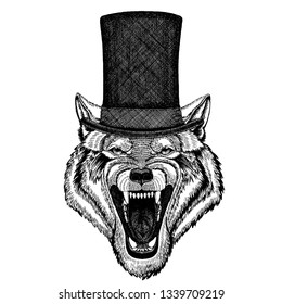 Wild animal wearing top hat, cylinder. Hipster wolf