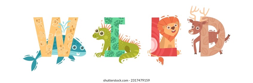 Wild Animal Word with Alphabet Capital Letters and Funny Mammal Vector Inscription