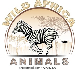 Wild animal world of Africa - running zebra .Vector image.