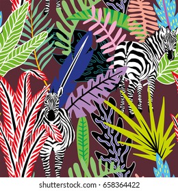 Wild Animal Zebra In The Jungle In Colorful Abstract Cartoon Style On The Burgundy Background. Tropical Leaves Seamless Vector Pattern Of Beach Wallpaper