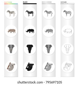 Wild animal zebra, rhinoceros, elephant, koala. Different kinds of animal set collection icons in cartoon black monochrome outline style vector symbol stock illustration web.