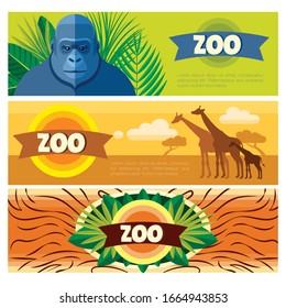 Wild animal zoo banner vector cartoon set. Jungle animals pets. Vector animals.