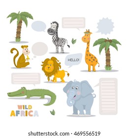 Wild animal zoo with clean speech bubble vector cartoon set. Wild vector animals mammal. African animals character. Pets silhouette. Vector cute animals isolated on a white background