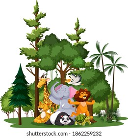 Wild animal or zoo animal group with nature elements on white background illustration