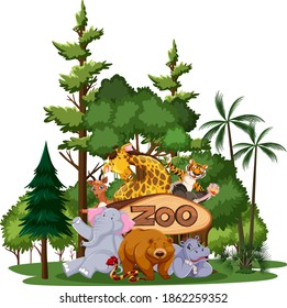 Wild animal or zoo animal group with nature elements on white background illustration