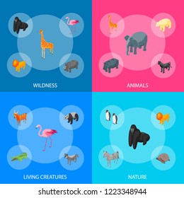 Wild Animals 3d Banner Set Isometric View Include of Lion, Giraffe, Elephant, Hippo, Crocodile and Monkey. Vector illustration